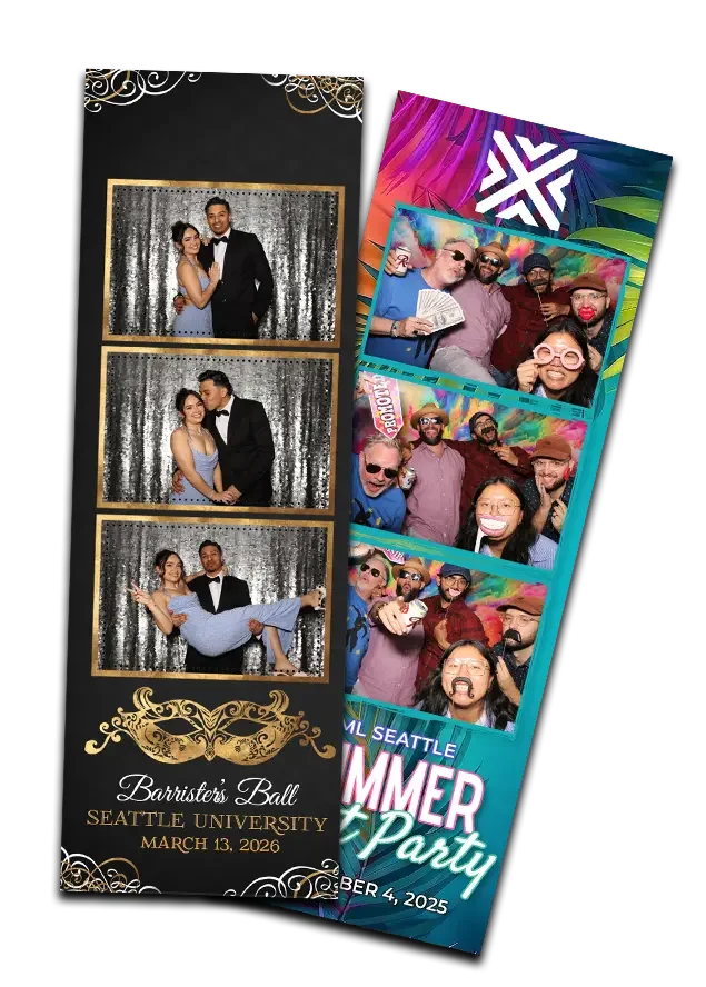 Custom photo booth strips for Seattle events, featuring a formal masquerade design for the Seattle University Barrister's Ball and a colorful tropical layout for a corporate summer party."