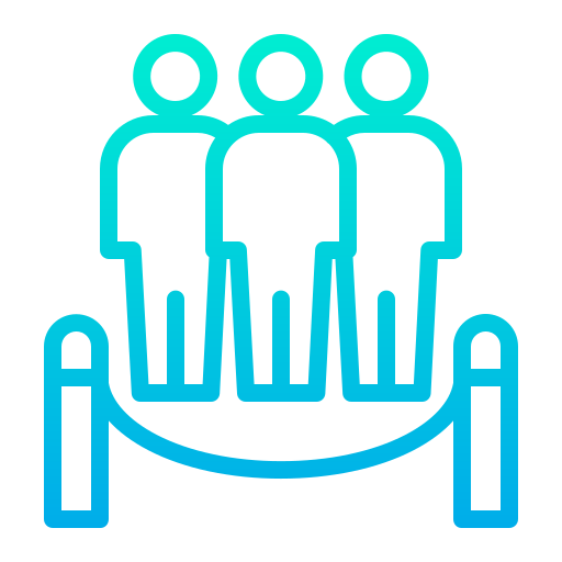 Three stylized people standing behind a barrier with ropes, indicating a queue or line.