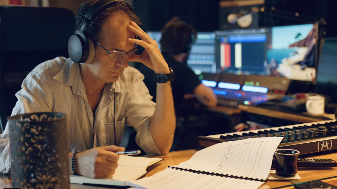 Une personne avec des headphones, concentrée, travaillant avec des notes et un ordinateur dans un studio d'enregistrement.