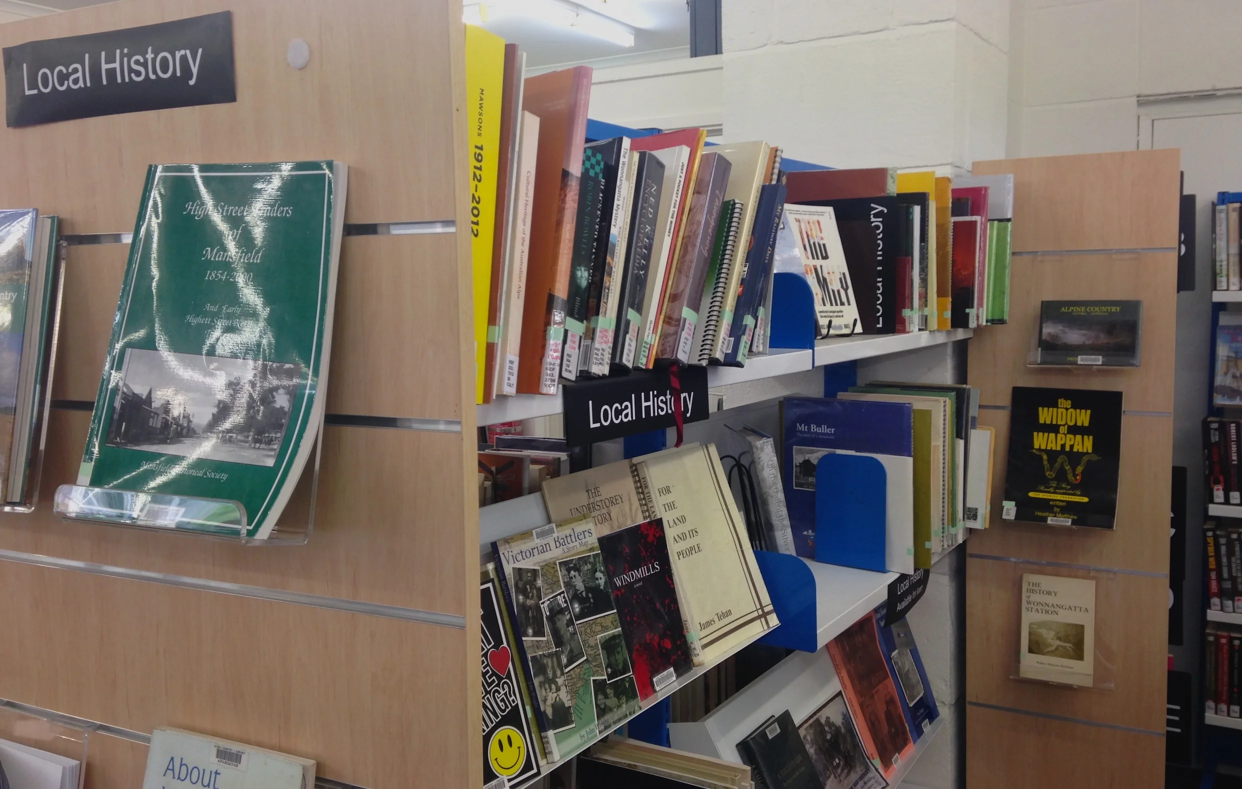 My small book, The Widow of Wappan , displayed on the local history shelves, Mansfield Library.