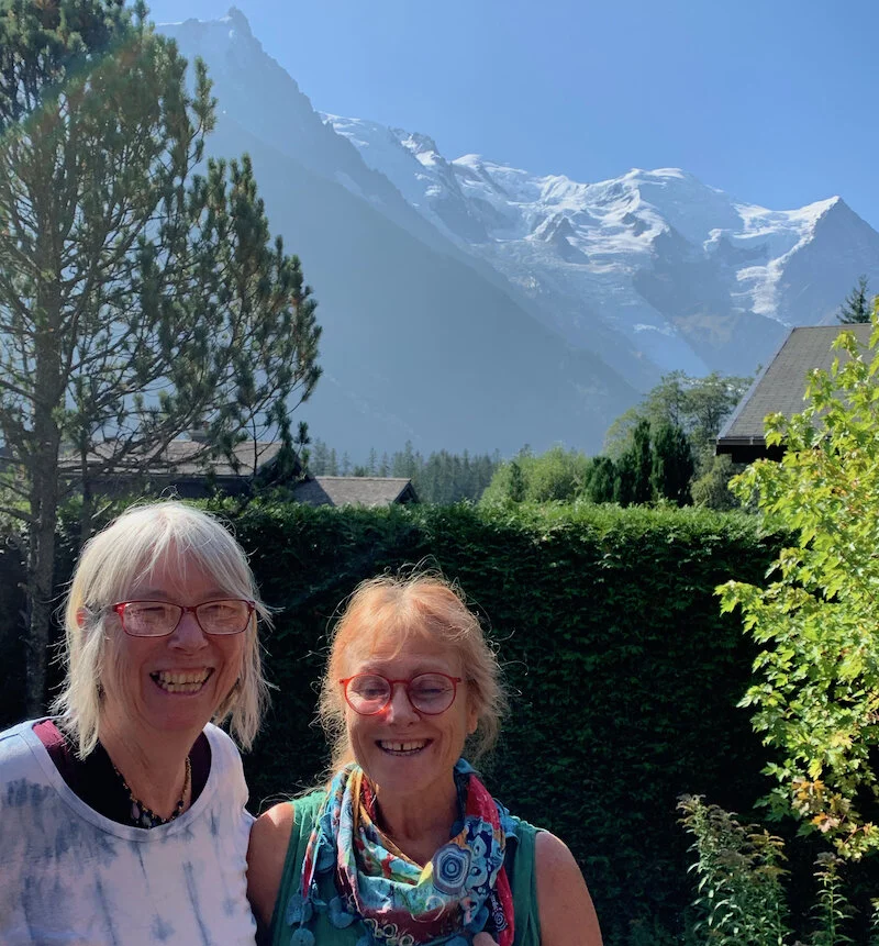 On Viviane’s terrace in Chamonix with the mountains in the background.