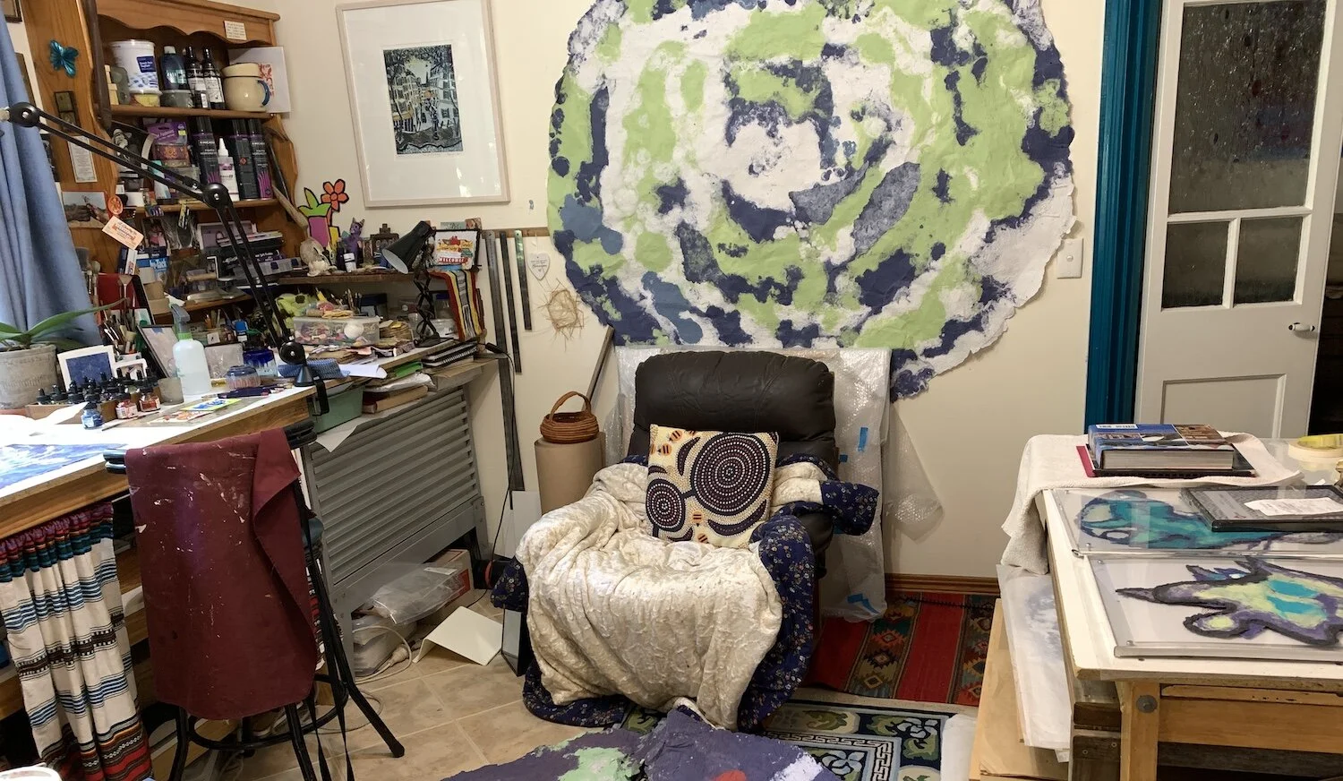 Behind the scenes in my messy studio, waiting to tidy up.