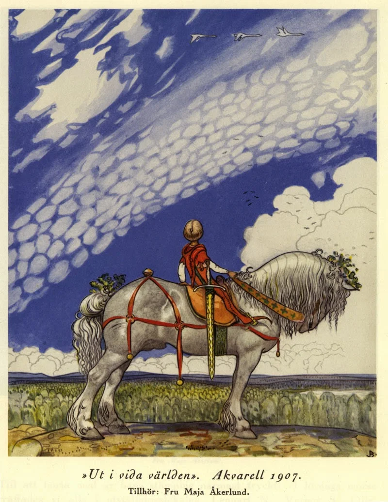 Hello, horizon! (John Bauer) Not sure if the Comps are the geese flying into the distance, the horse I'm riding, or the body-sized sword slung to my side!