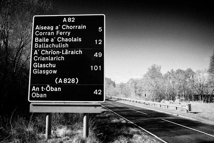 Credit: Joe Fox, A82 Bi-lingual Scottish Gaelic English Road Sign Scotland Uk Link.