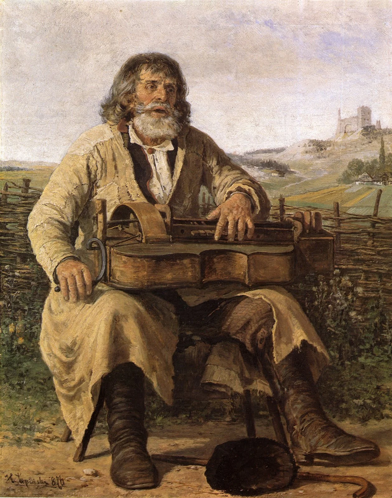 Minstrel (1876) by Hippolytus Lipinski (d. 1884). I wonder if Müller's mention of growling dogs could possibly have to do with the hurdy-gurdy's buzzing bridge...