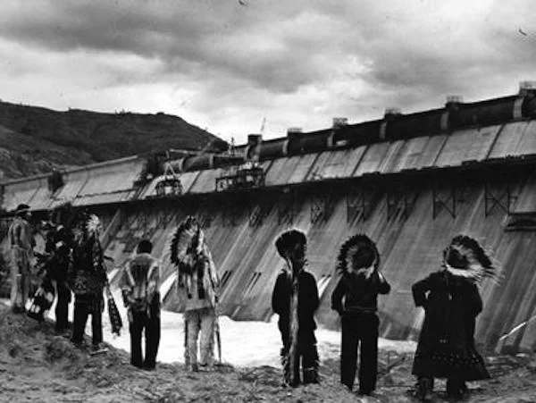 Chiefs witnessing the completion of Colville Dam in 1941 ( source ).