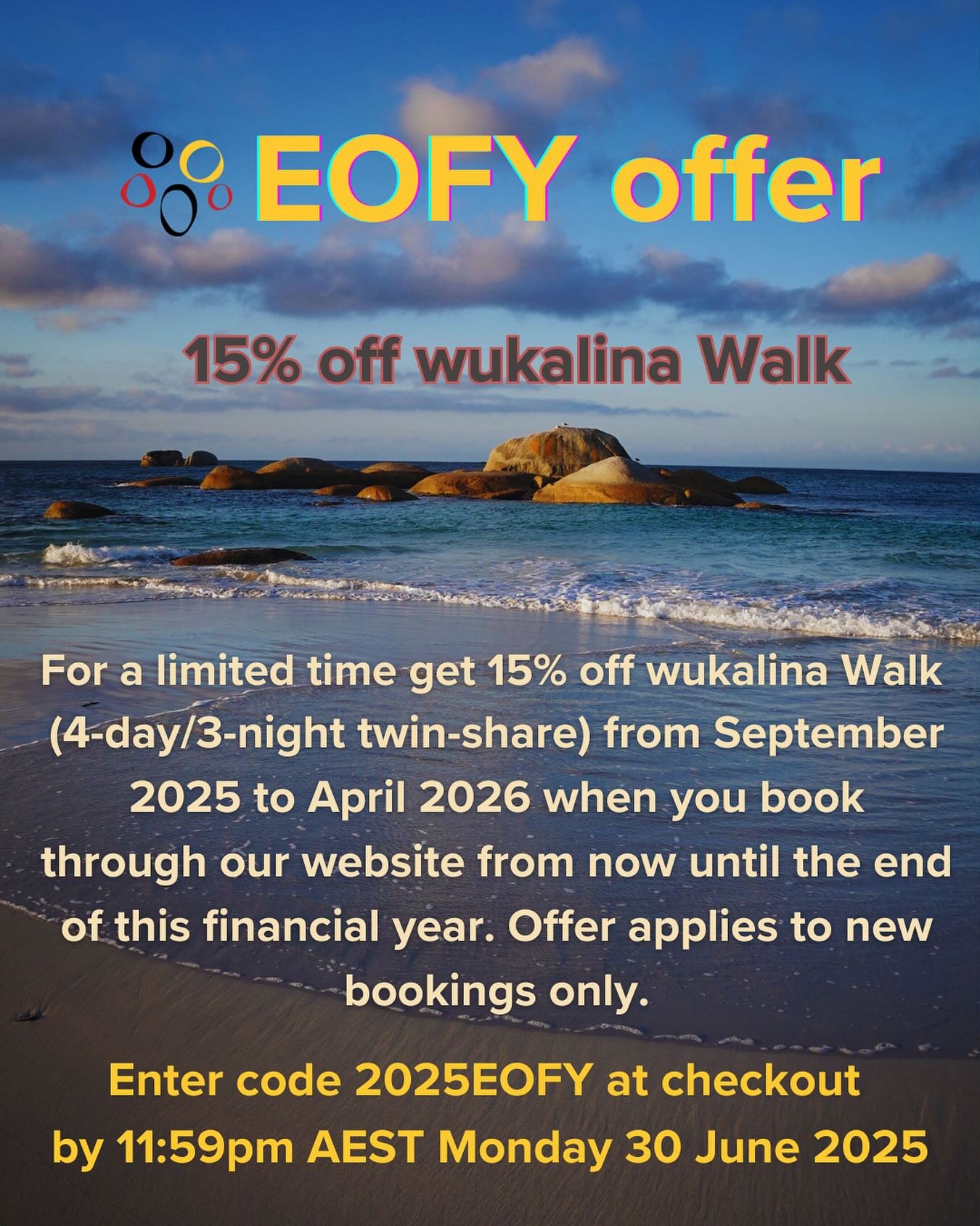 EOFY offer 🧡🌿
15% off wukalina Walk

For a limited time get 15% off wukalina Walk (4-day/3-night twin share) from September 2025 to April 2026 when you book through our website from now until the end of this financial year. Offer applies to new boo