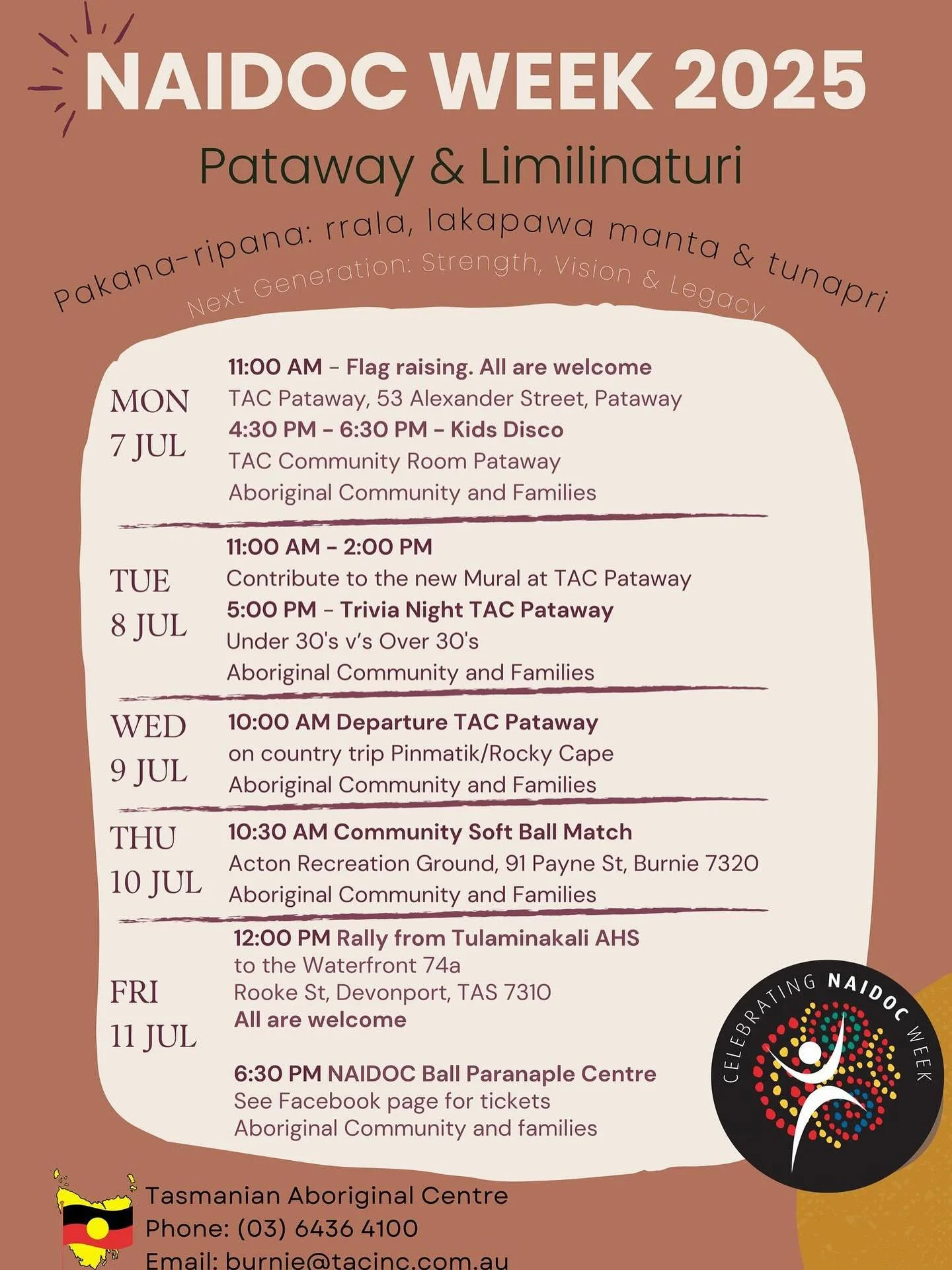 🖤💛❤ NAIDOC Week starts tomorrow 🔥

The theme this year is Pakana-ripana: rrala, lakapawa manta &amp; tunapri (The Next Generation: Strength, Vision &amp; Legacy). 

There will be many gatherings, events and celebrations across so-called Australia 