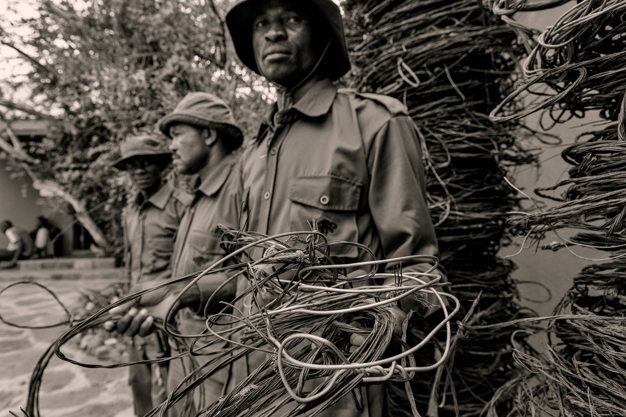  At the Singita Control Centre HQ in the Serengeti, a scout exhibits one of the myriad of snares removed in the region. This past year over 3000 were found. All are piled up on posts, like trophies, as a reminder of the heroic job at hand to diminish