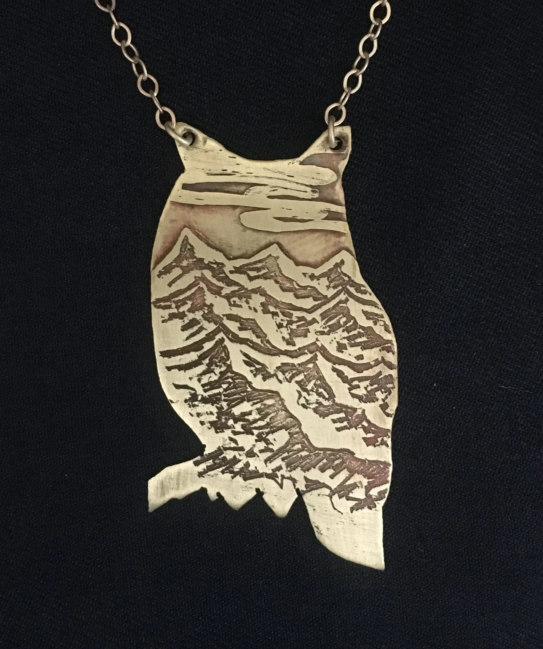 Handmade Cutout Mountain Owl Etched Necklace