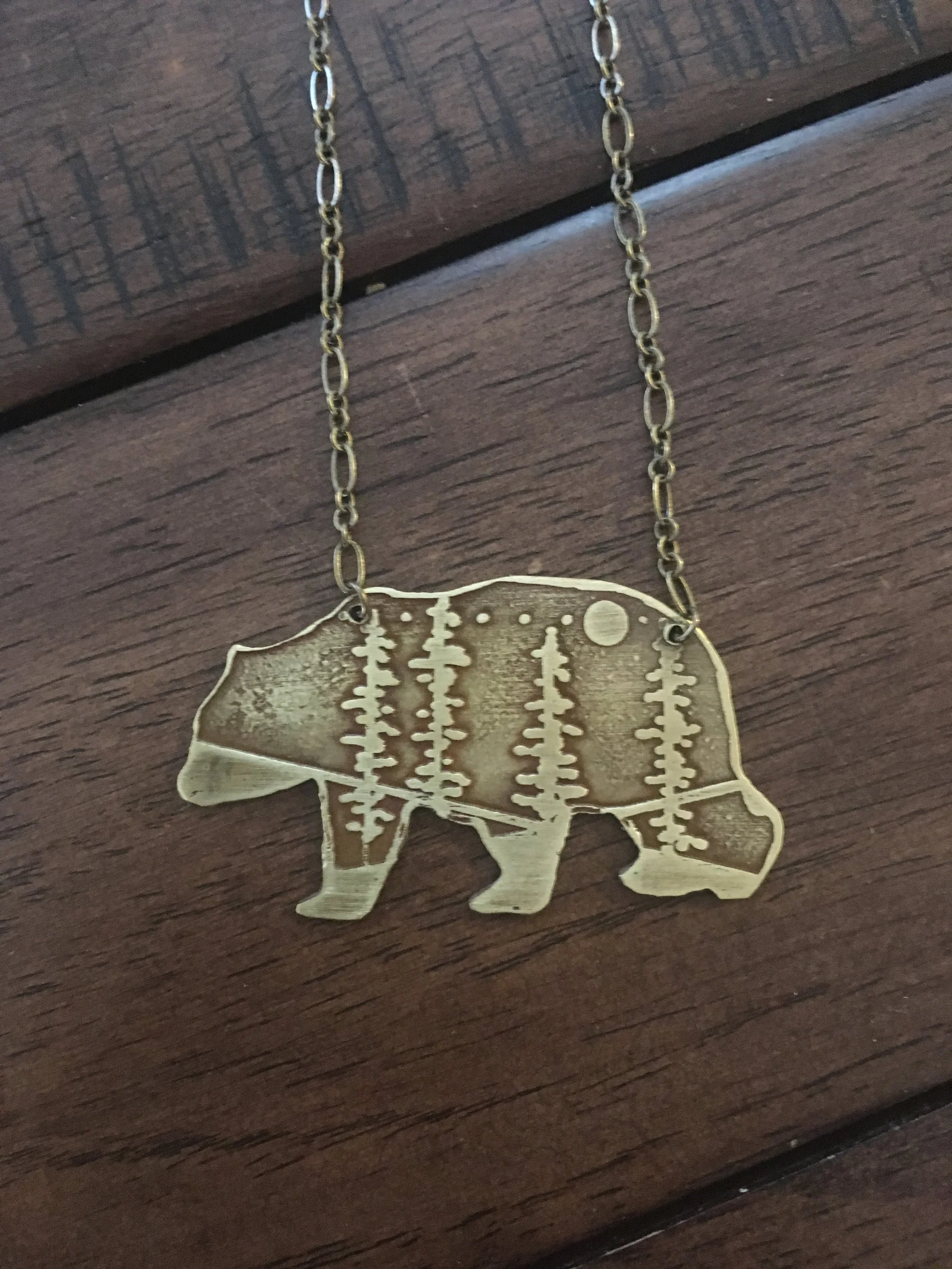 Black Bear Etched Cutout Necklace
