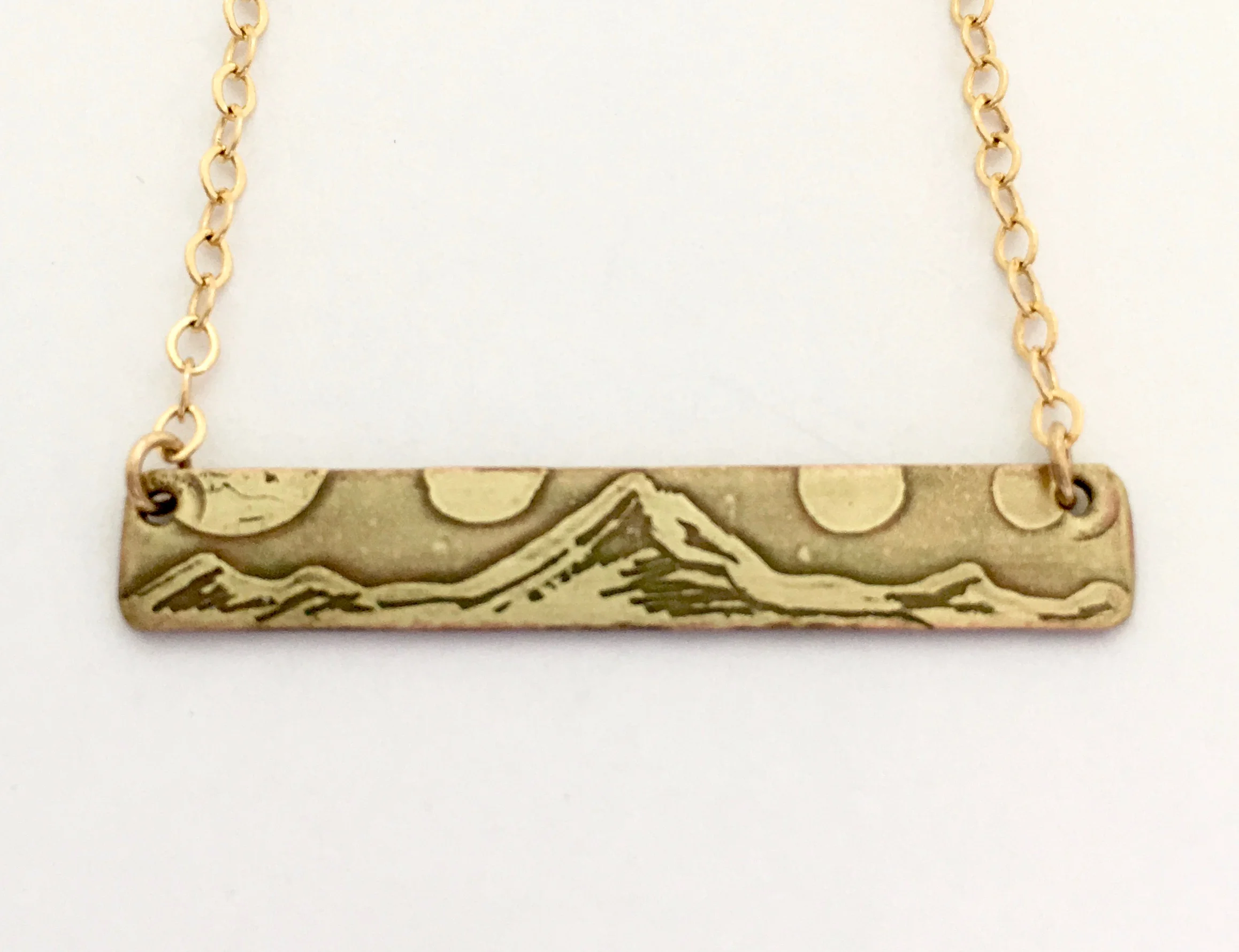 Handmade Etched Mount Hood w/Moon Phases Bar Necklace