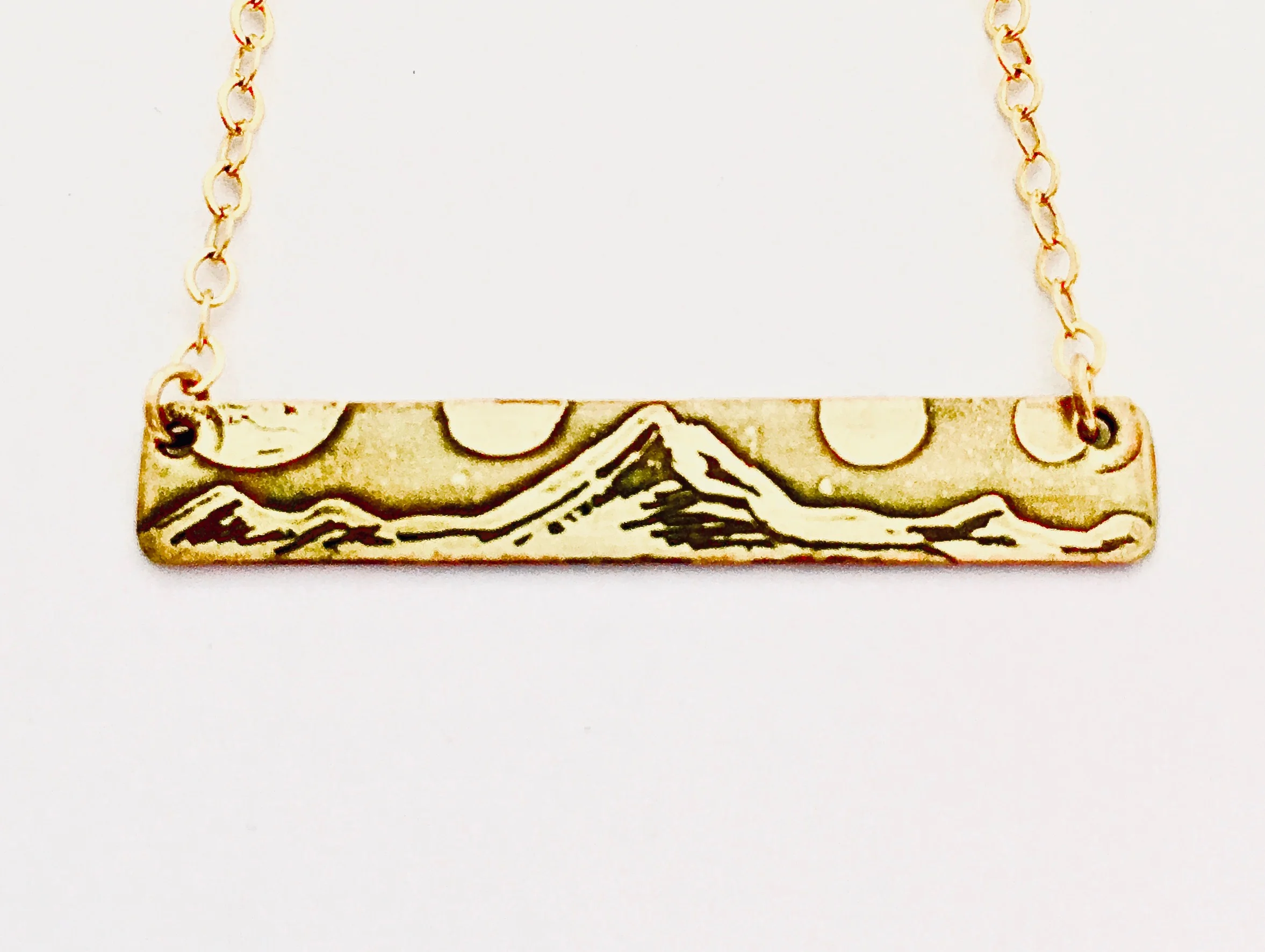 Handmade Etched Mount Hood w/Moon Phase Bar Necklace