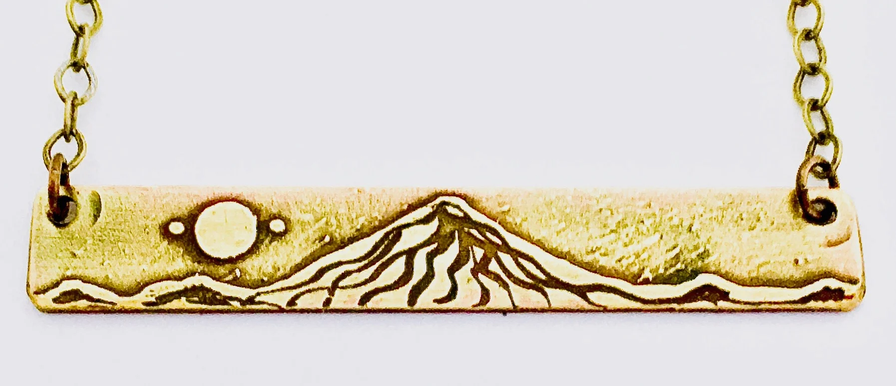 Handmade Etched Mount Bachelor w/Moon Bar Necklace