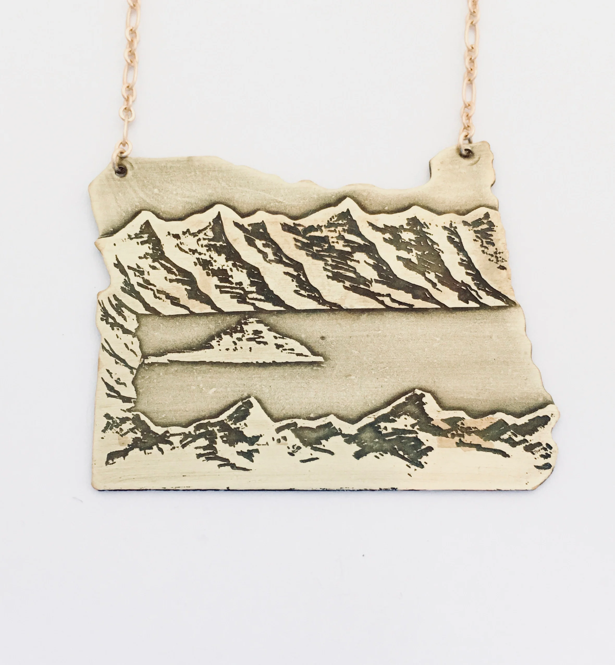 Handmade Etched Hand cut Crater Lake Oregon Necklace