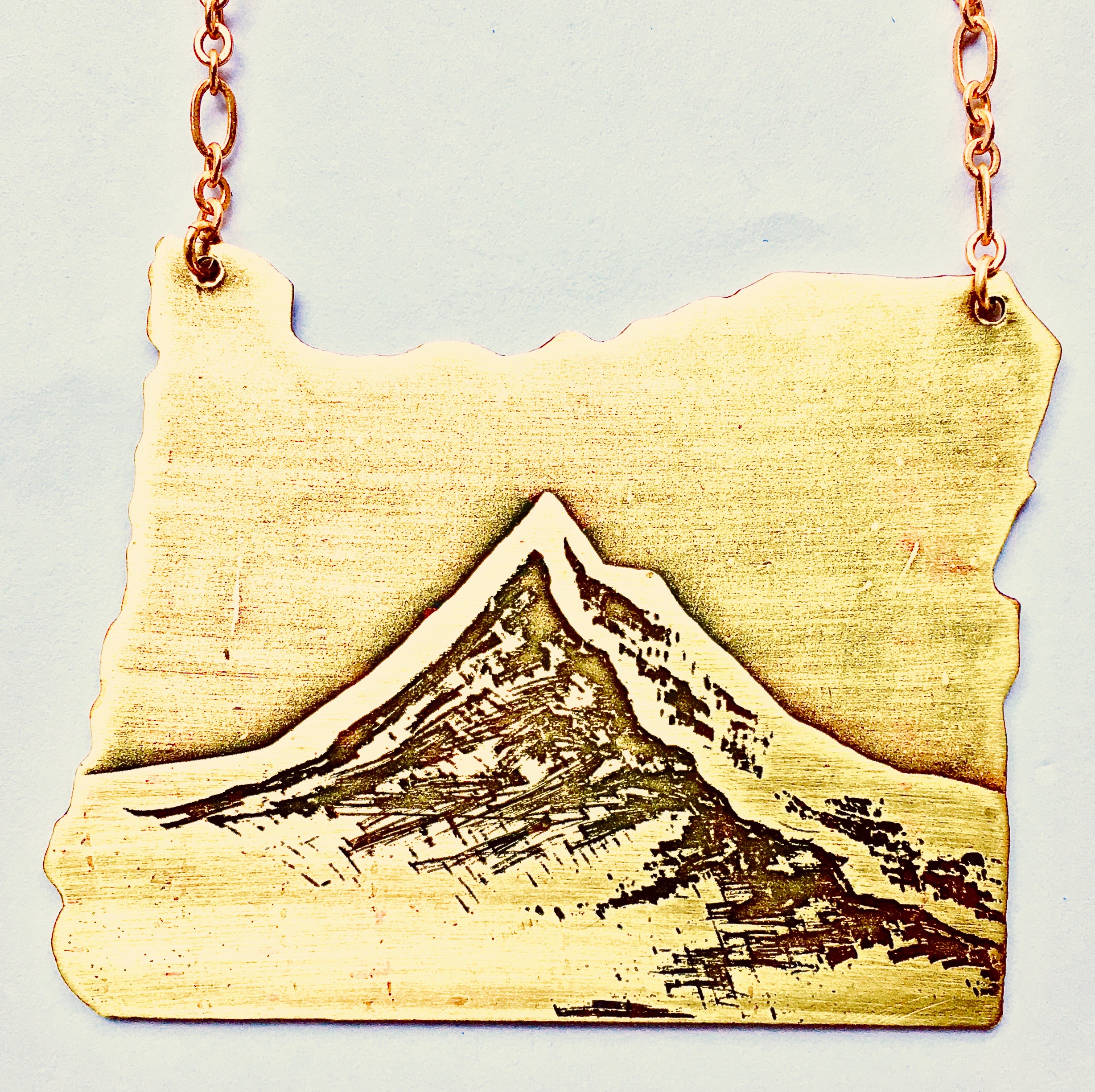 Handmade Etched Mount Hood Oregon Cutout Necklace