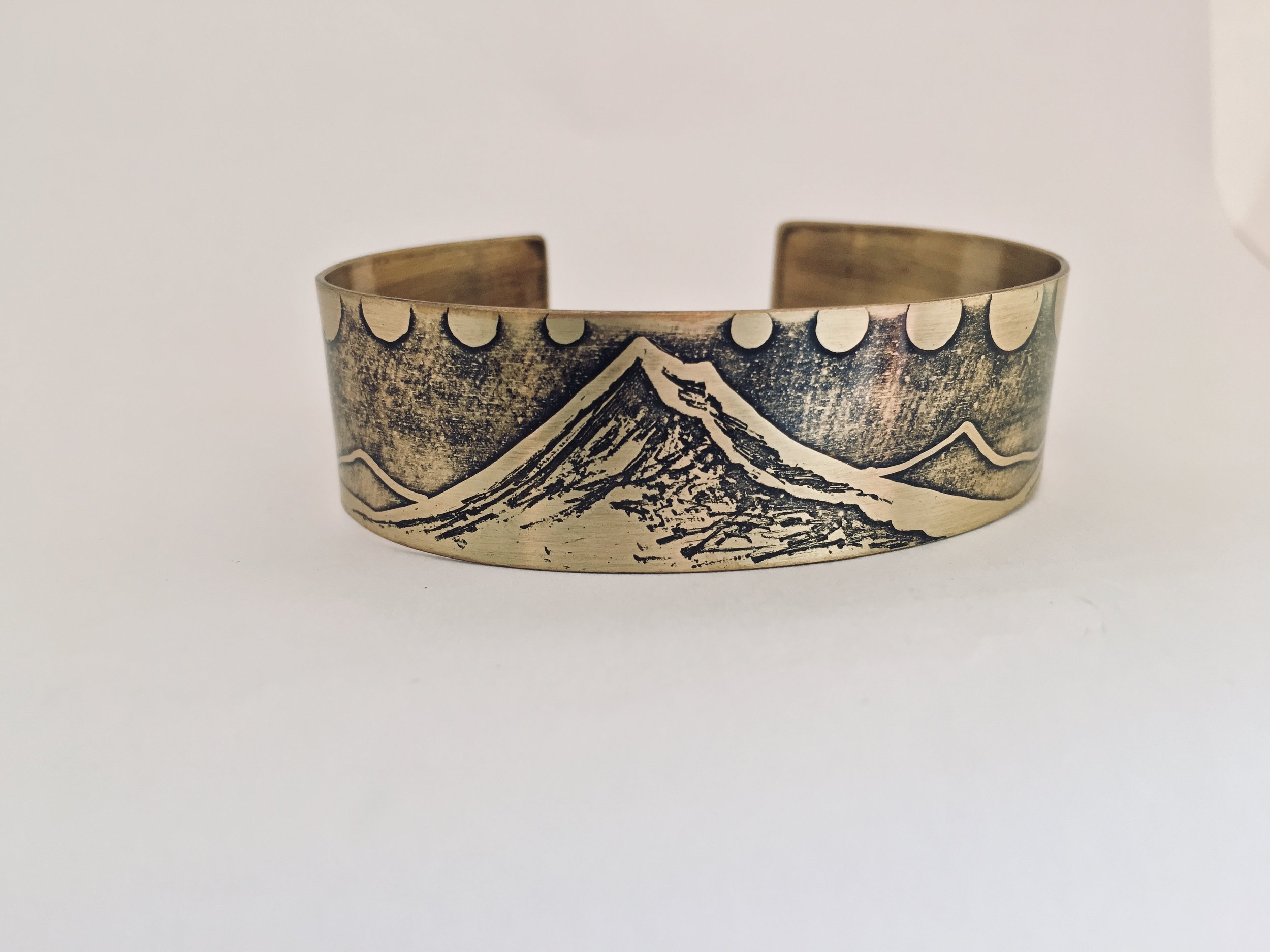 Handmade Etched Mount Hood w/Moon Phases Bracelet Cuff