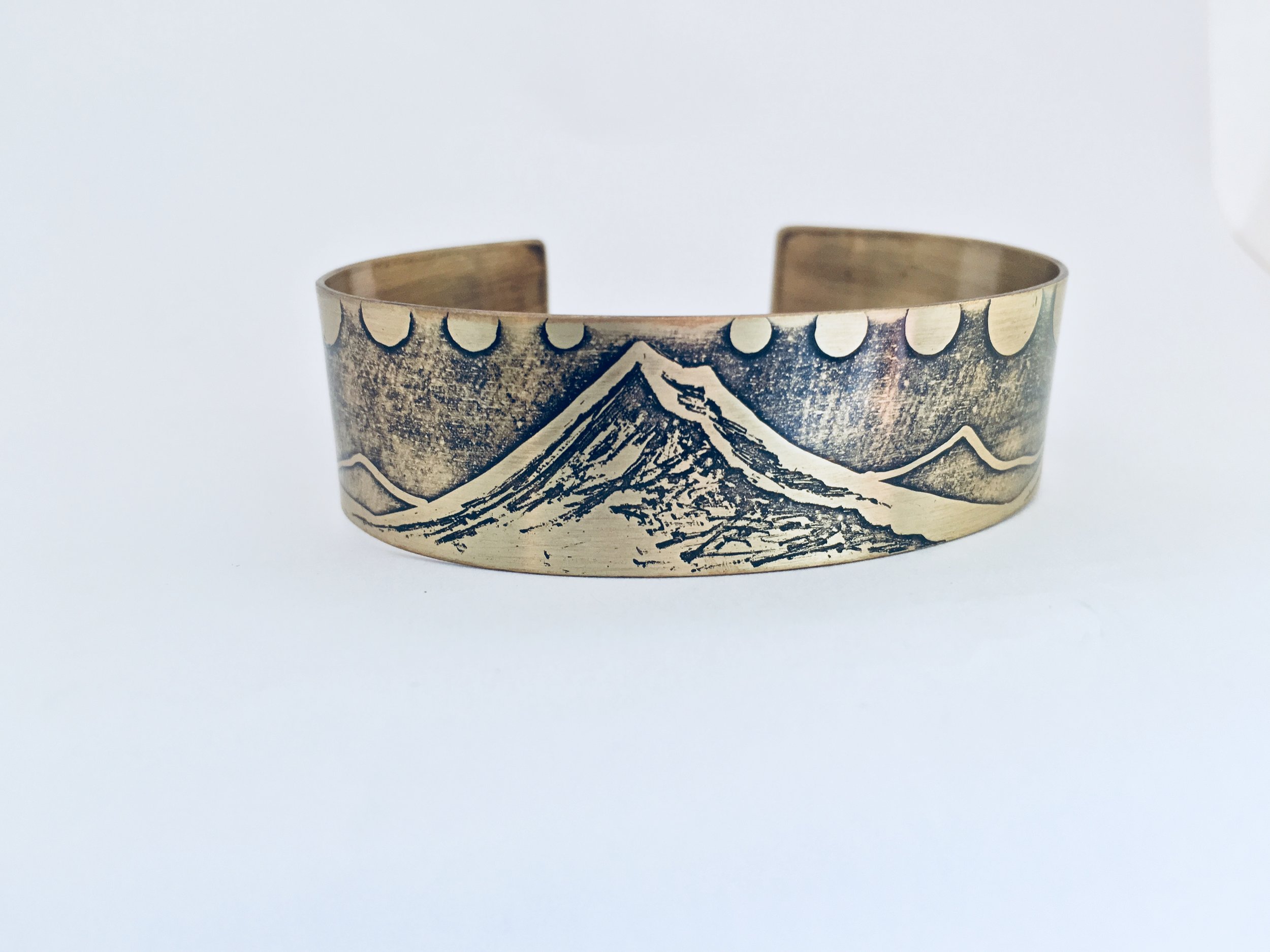 Handmade Etched Mount Hood w/Moon Bracelet Cuff