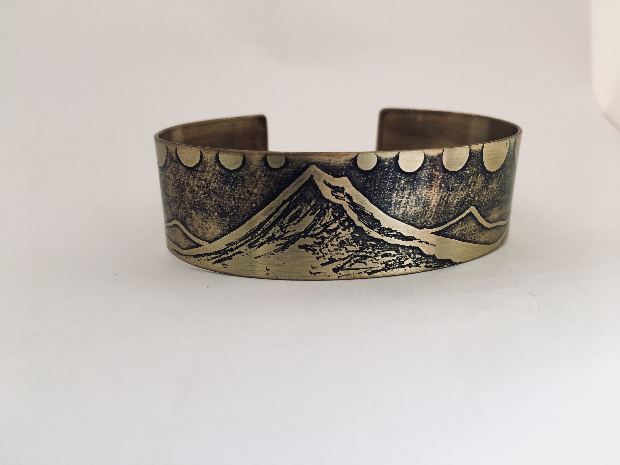 Handmade Etched Mount Hood w/Moon Phases Bracelet Cuff