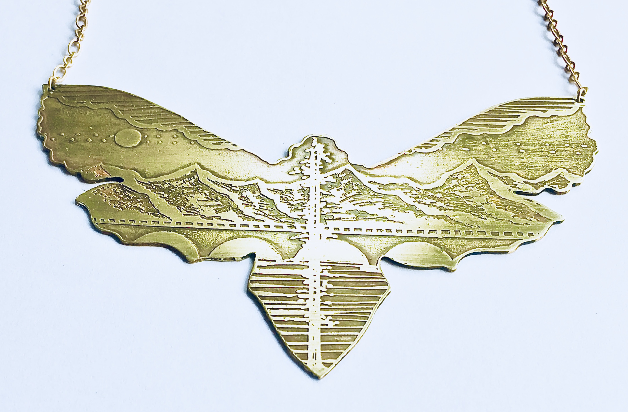Handmade Etched Mountain Moth Cutout Necklace