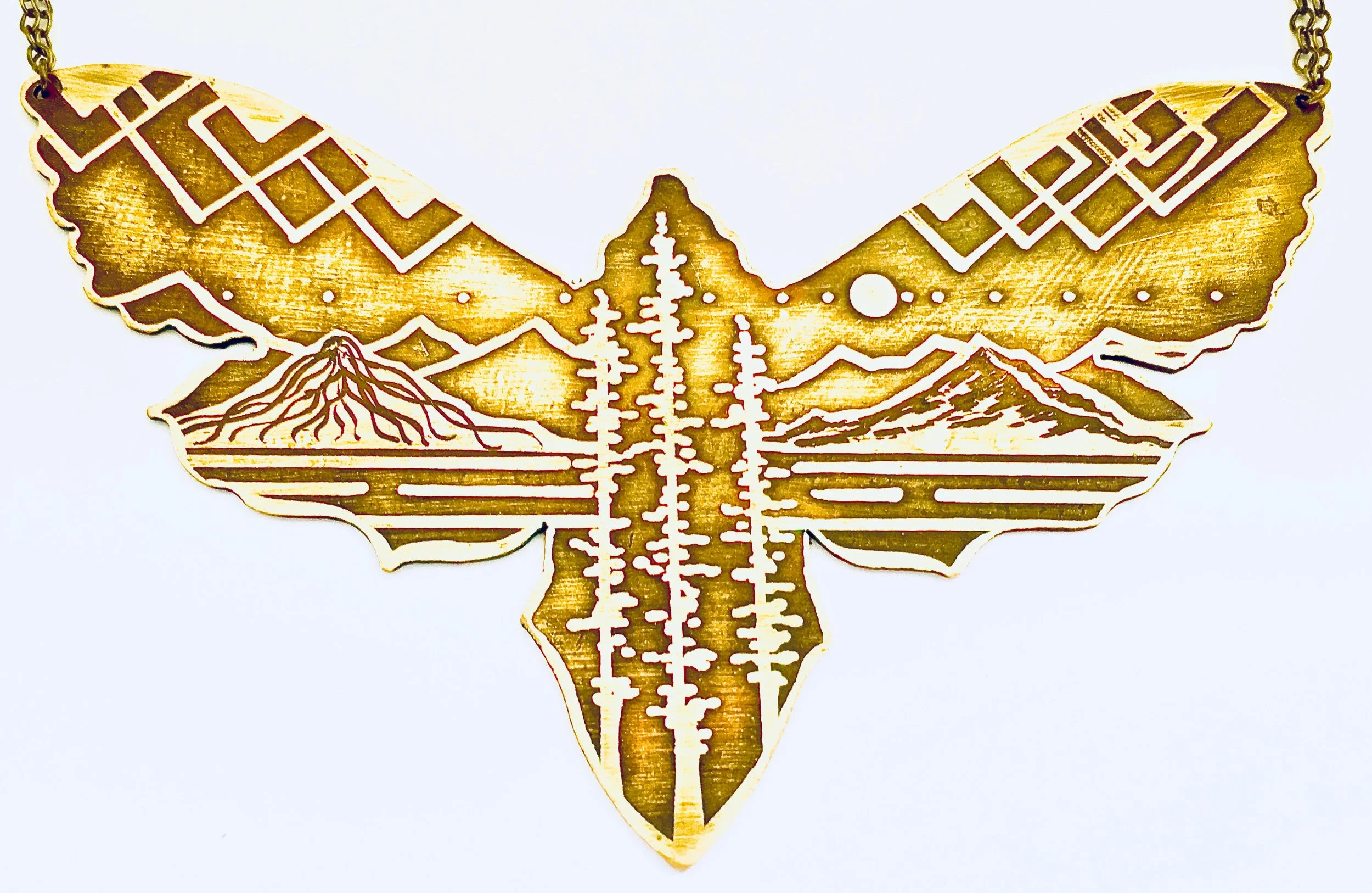Handmade Etched Mountain Moth Cutout Necklace