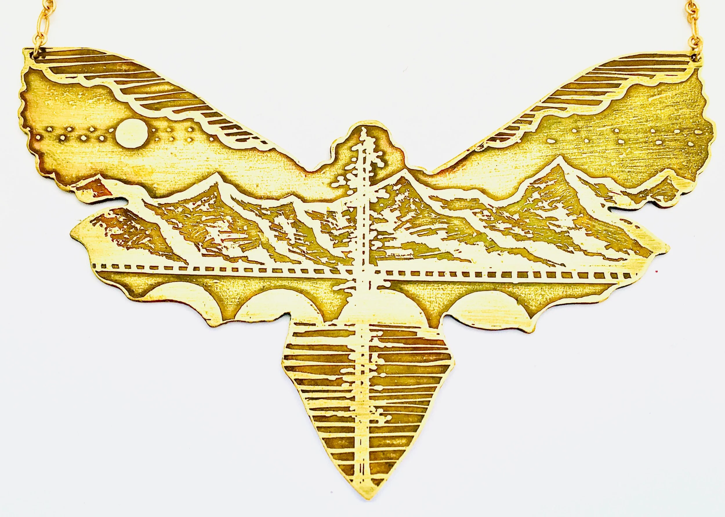Handmade Etched Mounain Moth Cutout Necklace
