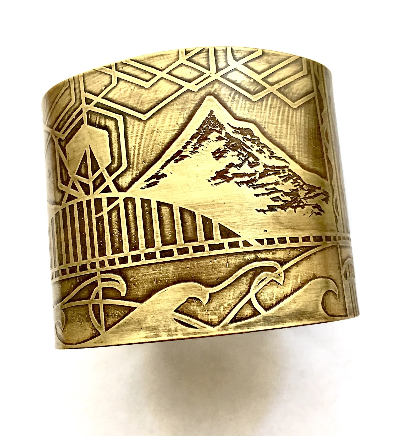 Artisan Made, Hand Painted, Acid Etched, Mount Hood and Portland Extra Large Cuff Bracelet