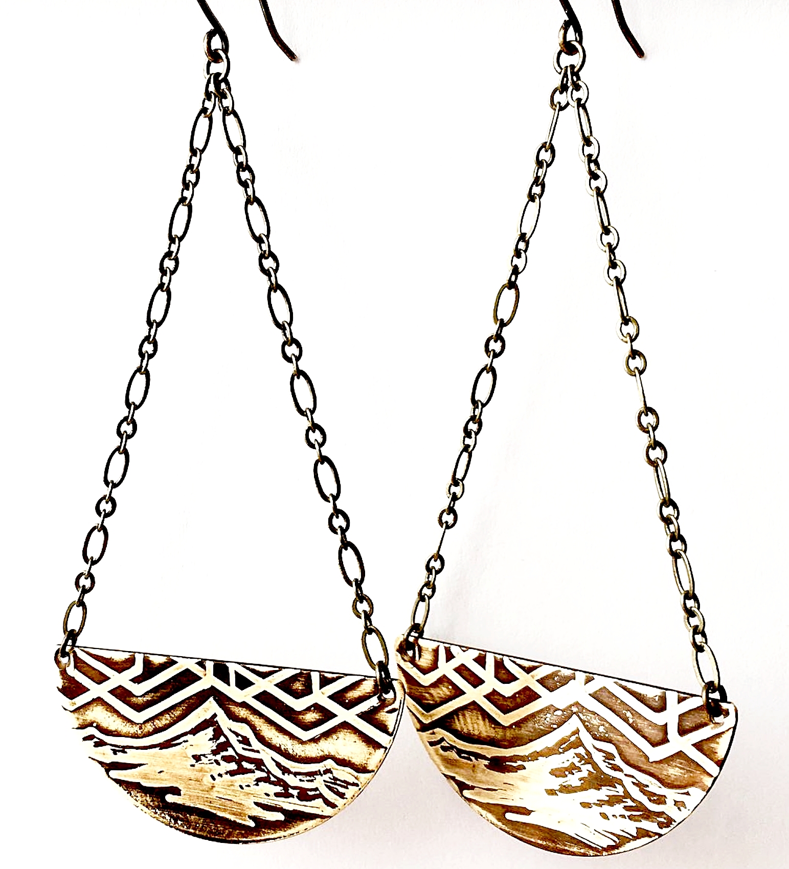 Mount Hood Half Circle Drop Earrings Handmade Acid Etched