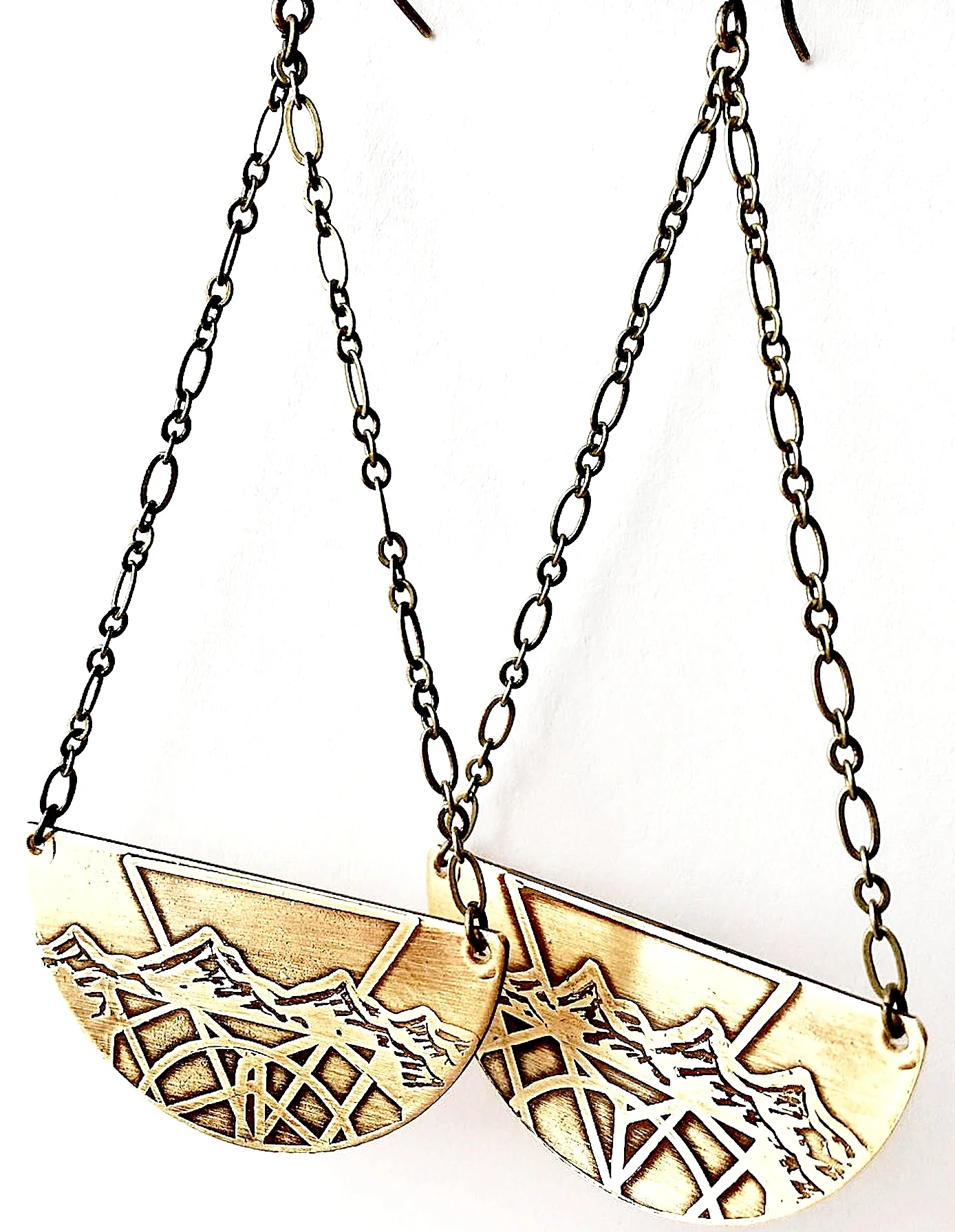 Handmade, hand drawn, acid etched, mountain range, half circle drop earrings