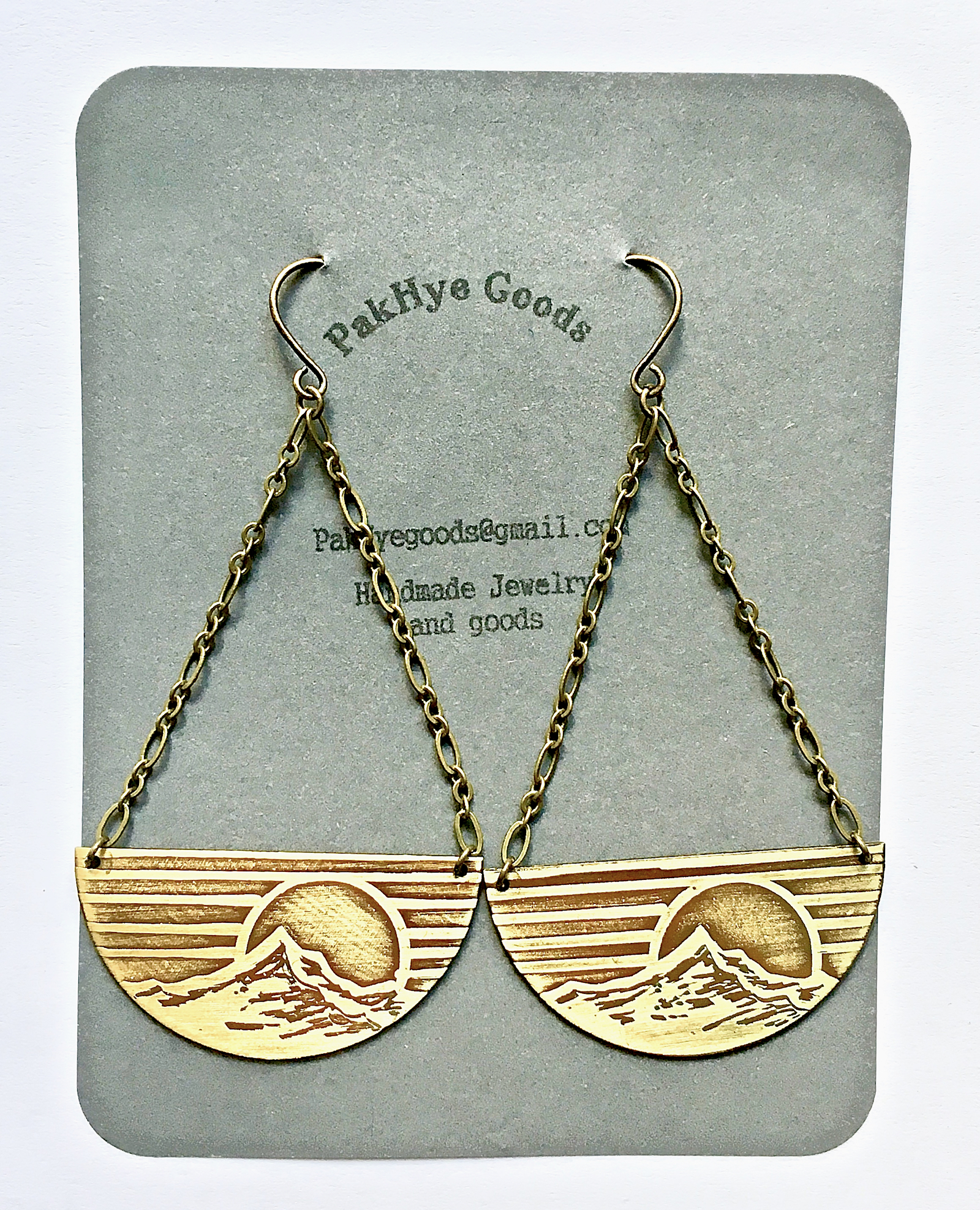 Handmade Earrings, Hand drawn and Acid Etched Half Circle Mount Hood | PakHye Goods Jewelry