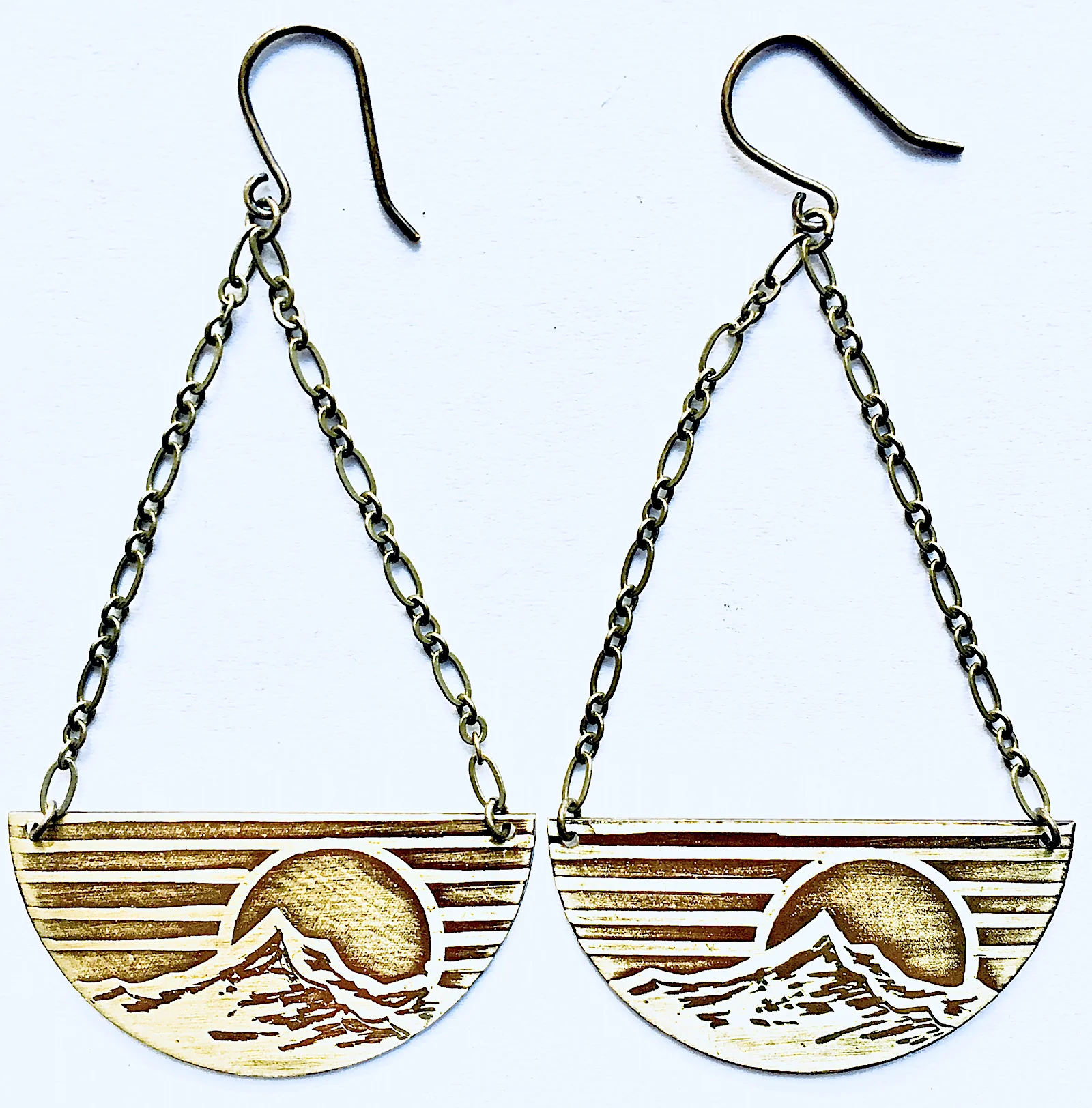 Handcrafted Mount Hood Half Circle Earrings Hand Drawn and Acid Etched