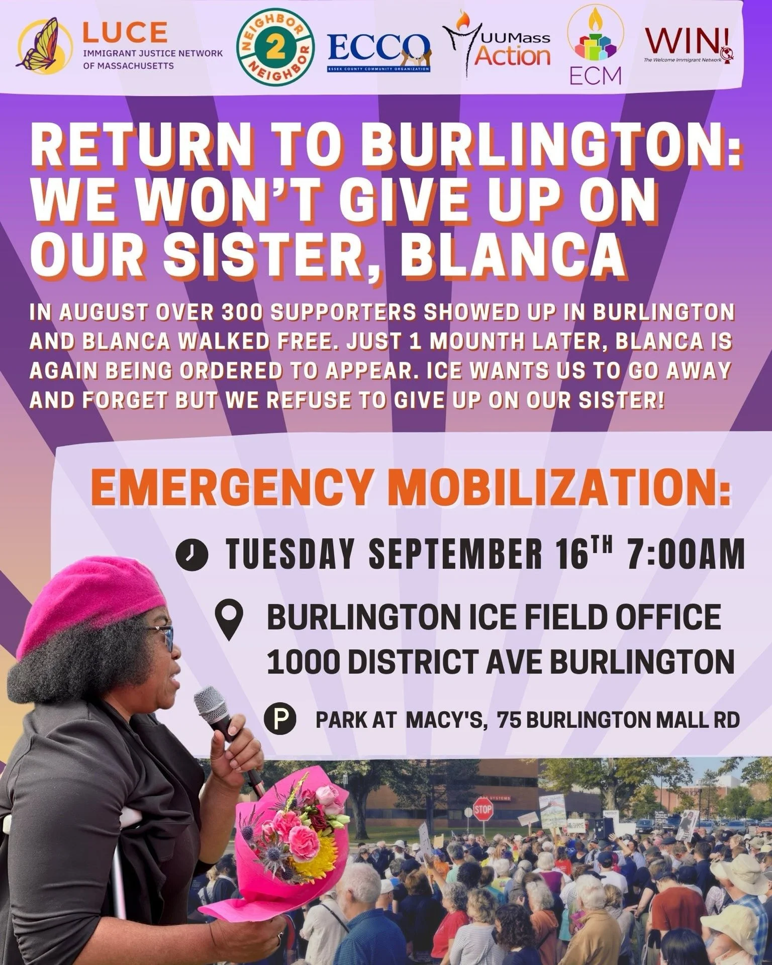 🚨URGENT ACTION TUES SEPT 16 at 7AM. Sign up: bit.ly/BlancaUpdates

The community showed up for Blanca in Burlington in August. Now, one month later,Blanca is being ordered to return to Burlington ICE headquarters where again she faces the risk of be
