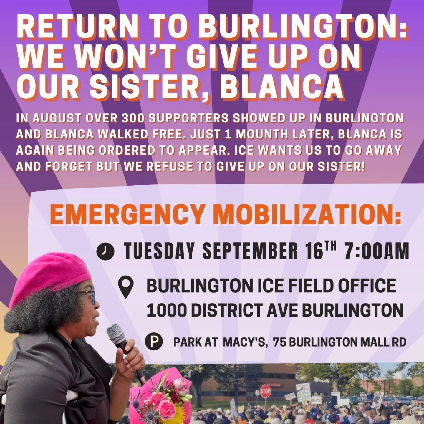 🚨URGENT COURT SUPPORT - TUES SEPT 16 at 7AM. Sign up: bit.ly/BlancaUpdates. 

The community showed up for Blanca in Burlington in August. Now, one month later,Blanca is being ordered to return to Burlington ICE headquarters where again she faces the
