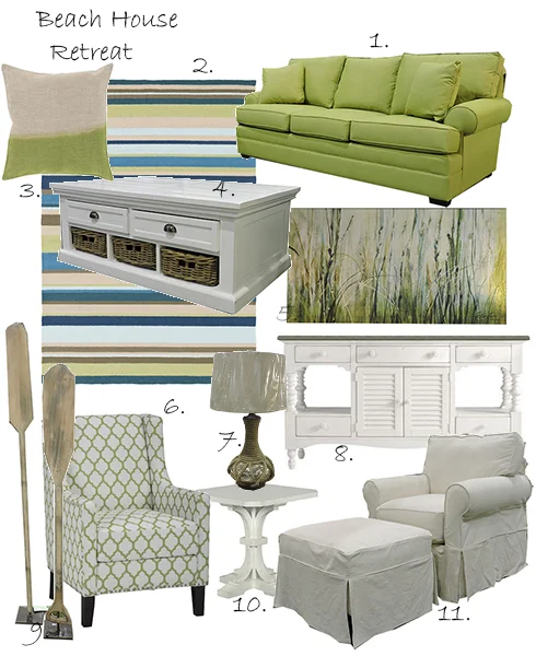 Items: (1)Kincaid Custom Sofa in Kiwi, (2)Surya Rain Rug, (3)Pillow, (4)Jofran Cocktail Table, (5)Leftbank Art River Bank, (6)Jeanie Accent Chair, (7)Silver Rope Lamp, (8)Stanley Coastal Living White Buffet, (9)Indo Set of Oars, (10)Belfort Select White Accent Table, (11)Rowe Nantucket Chair & Ottoman.