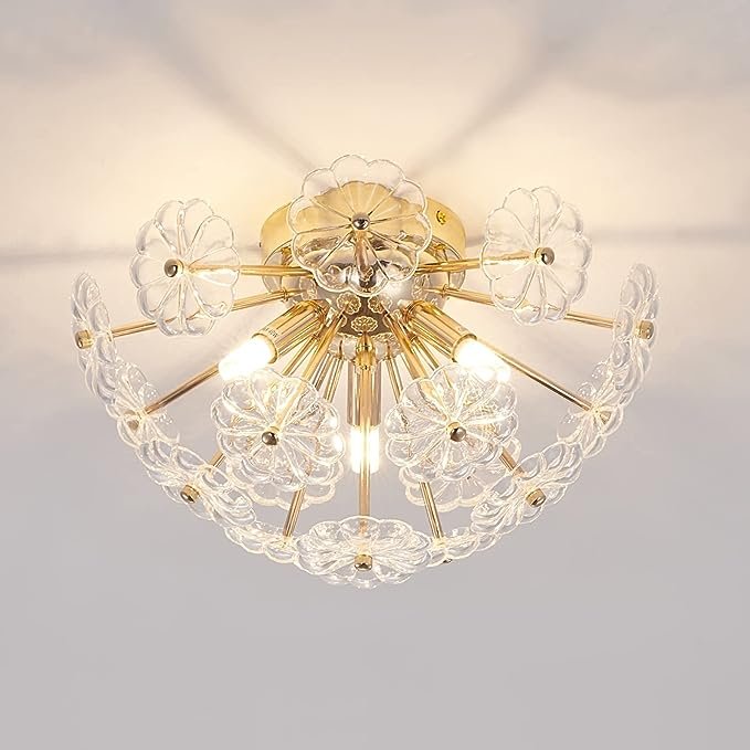 Flush Mount Ceiling Light, Gold Metal Flower Ceiling Light Fixtures, 3-Light Farmhouse Close to Ceiling Lamp Fixture for Bedroom Closet Kitchen Living Room Hallway