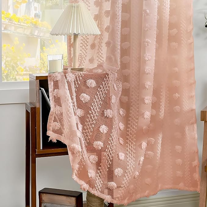 Pom Pom Sheer Curtains 63 inch Length, Boho Textured Light Filtering Curtains