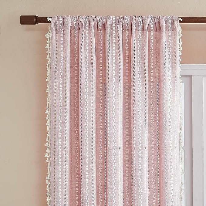 Linen Boho Curtains Cute Embroidered Pink Curtains