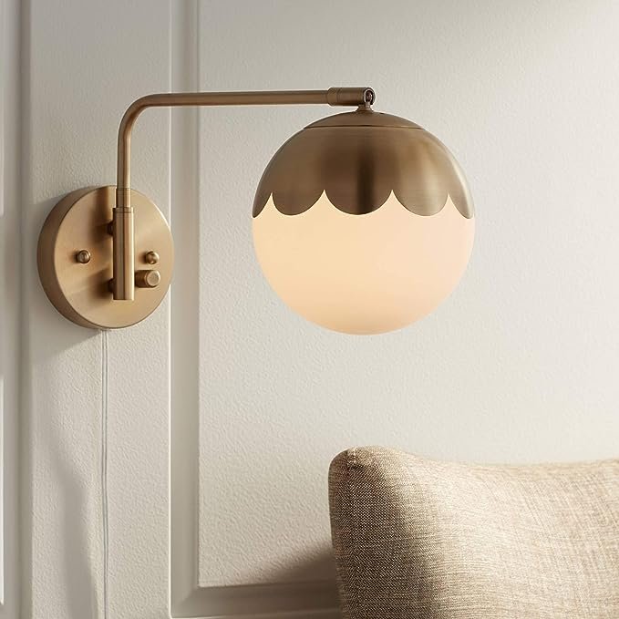 Modern Indoor Swing Arm Wall Lamp Antique Brass Metal Plug-in Light Fixture Dimmable Globe Glass Shade for Bedroom