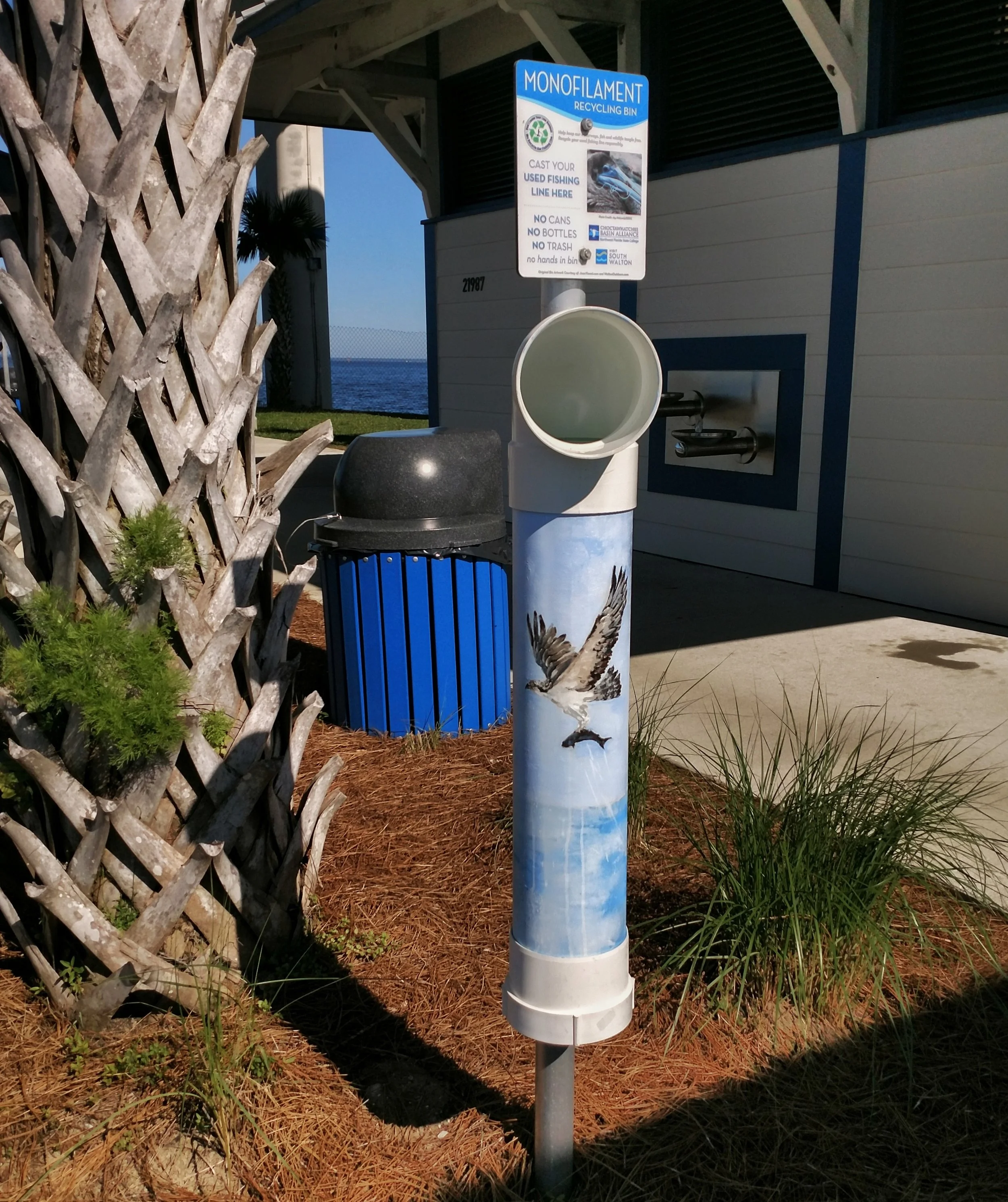 Monofilament collection bins have been placed in several locations along the Emerald Coast, boasting colorful designs by local artists.