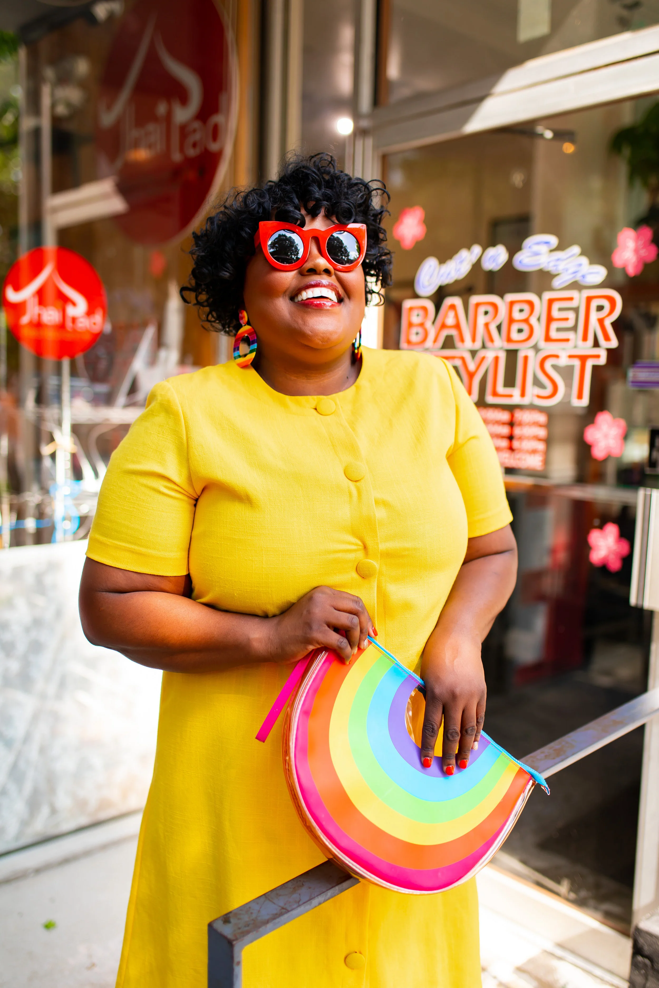 #2 Ray of Sunshine Bold Yellow Dress styled with Rainbow Accessories.