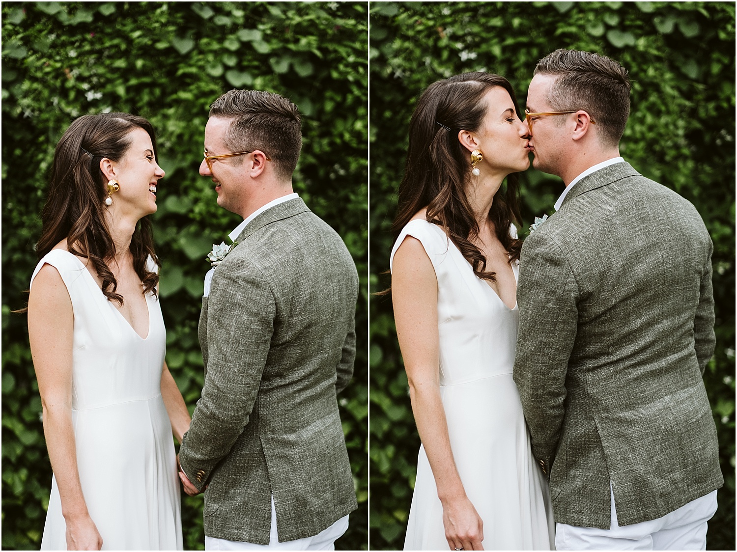 Two images with bride and groom smiling and then kissing at Saddle and Cycle Club by Michael and Kristin
