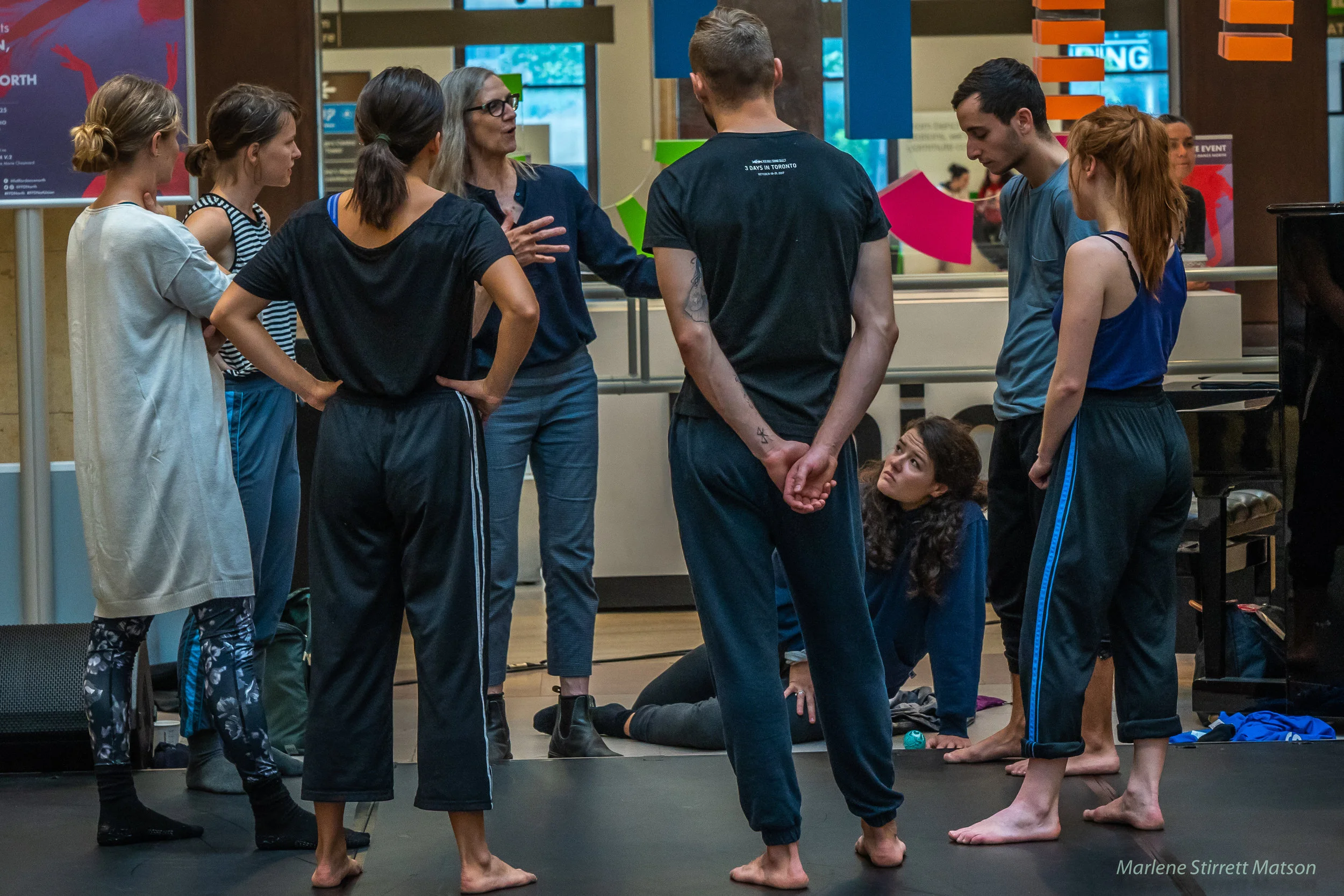 Peggy giving feedback to the RBC Emerging Artists. L to R kate holden, sarah fregeau, sierra, peggy baker, jarrett siddall, kathleen, micha, jessica