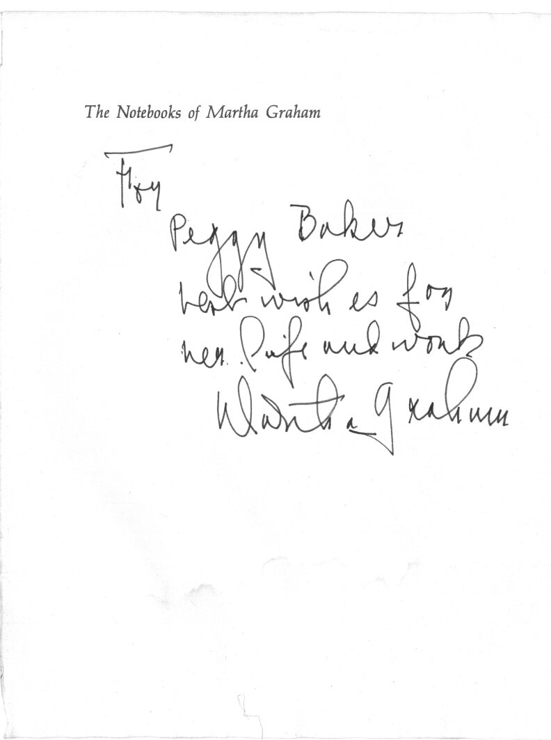 Inscription to Peggy Baker written by Martha Graham