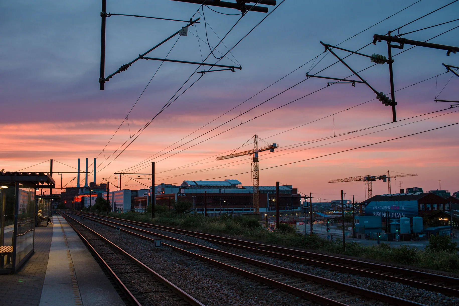 Sunset over Nordhavn Station in Copenhagen, Denmark