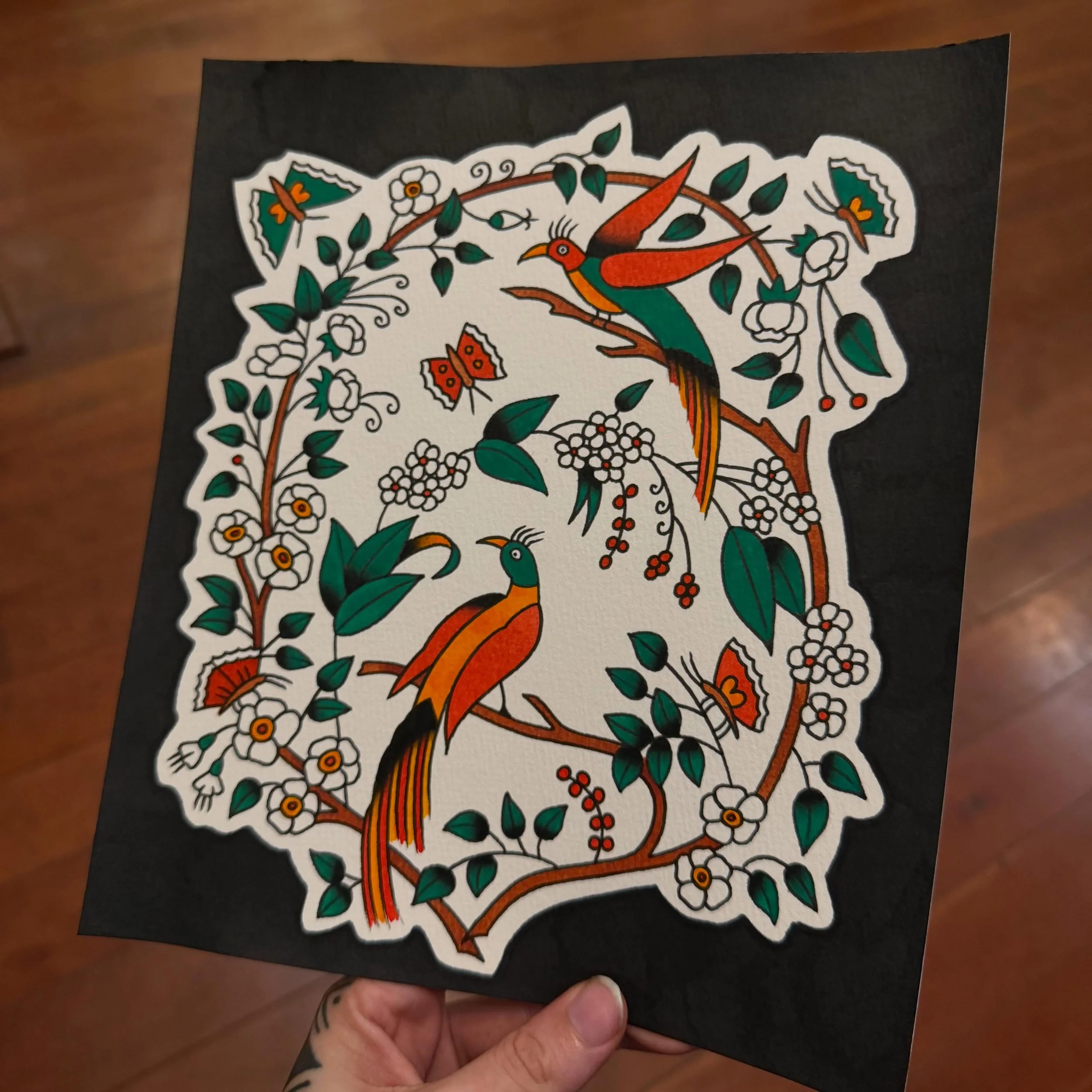 Would make for a good thigh tattoo. Design inspired by an embroidery piece from 1880. Thanks for looking. 

#folkarttattoo #traditionaltattoo #blackrosetattoolex