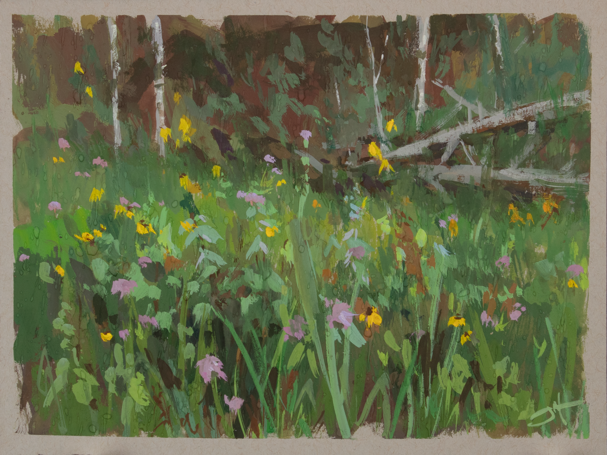Flowers, Showers, 2025. Gouache on paper, 6 × 8 in. Plein air.