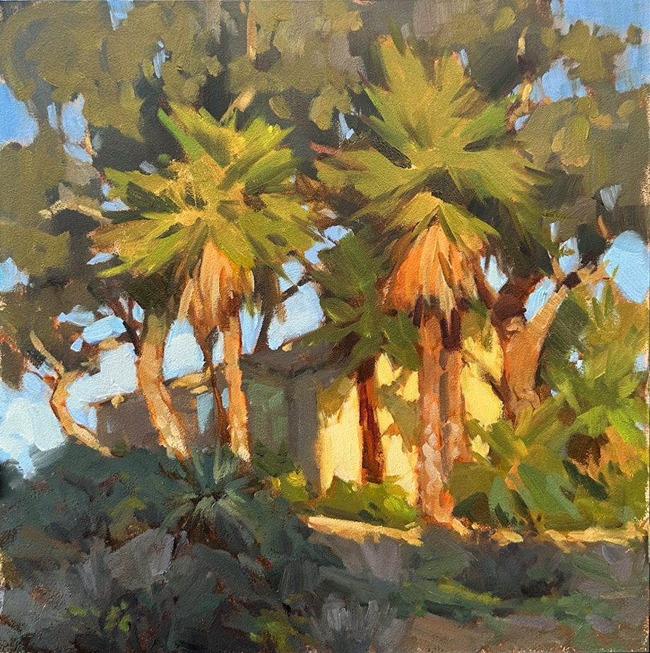 Tree, House, 2025. Oil on panel, 24 × 36 in. Plein air.