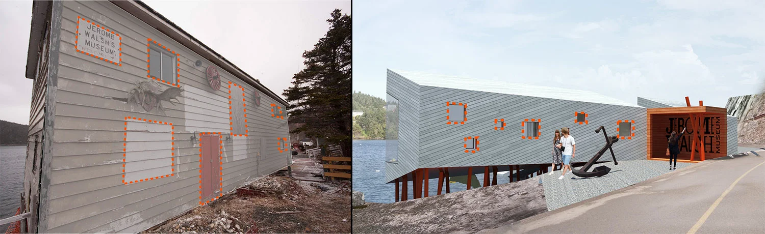 Jerome had covered the building with artifacts, many of which were painted around. The shapes and windows on the existing building face were used as inspiration for the placement of windows for this building concept.
