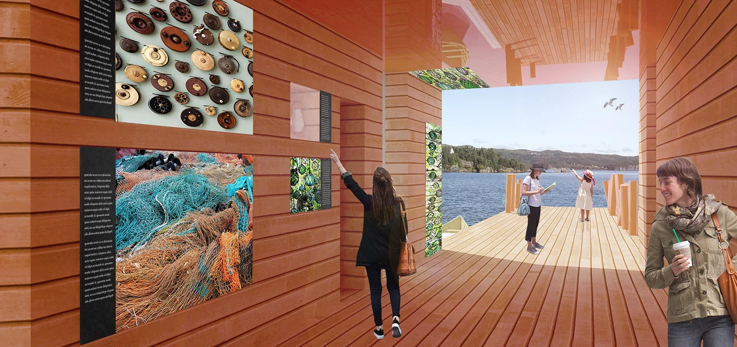 The orange corridor will be used to display artifacts from Jerome's collection as well as interpretive elements to tell his story. The orange colour was inspired by the existing wharf and the brightly coloured coastal homes.