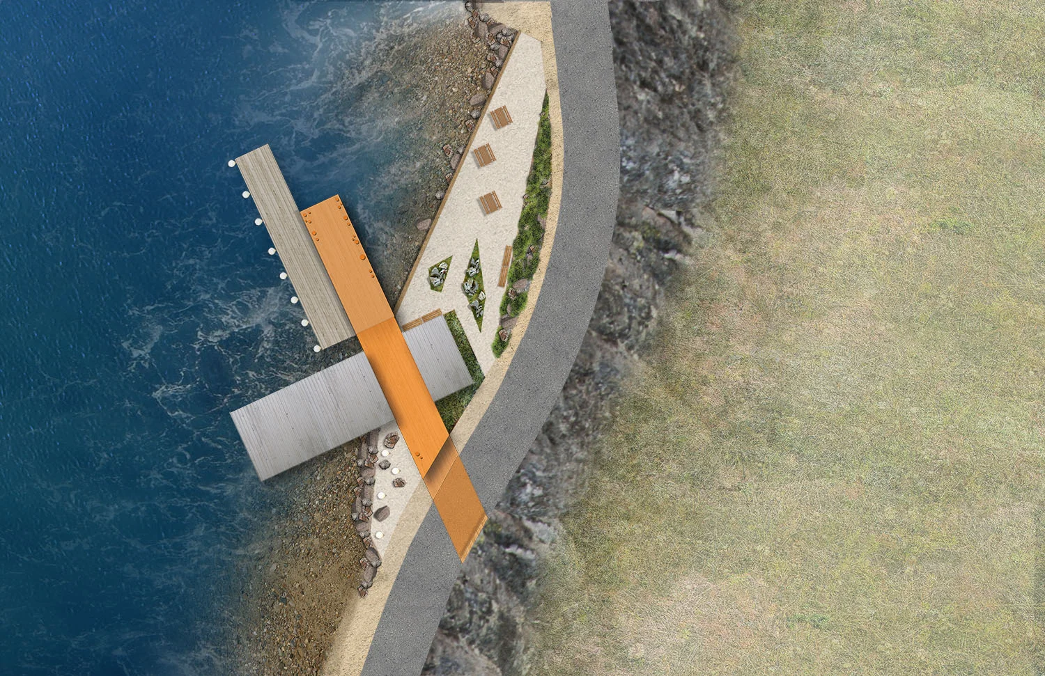 The site plan enforces the linear nature of the building and the wharf. The property will be treated to blend in with the surrounding landscape while providing accessible paths, picnic areas, and spill out space for events